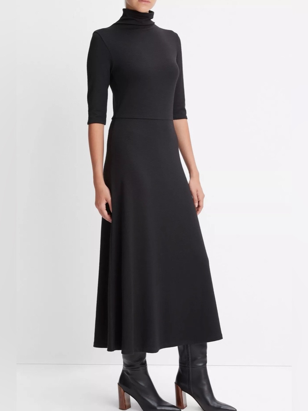 Vince Black Turtleneck Midi Dress Elbow Sleeve Stretch Minimalist Size M - Picture 2 of 10